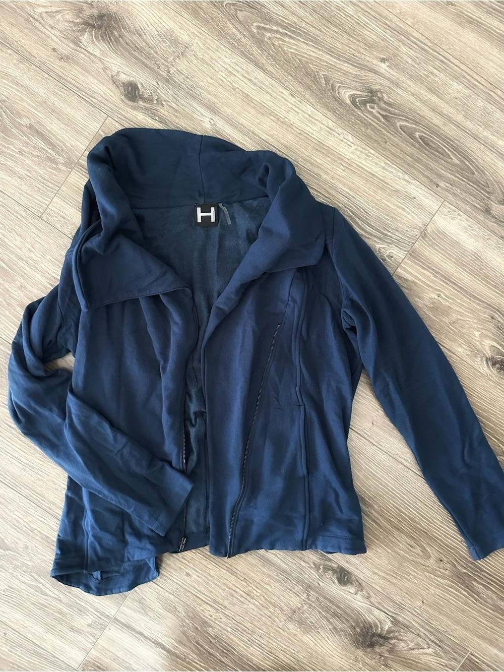 H by Halston Navy Hooded Sweatshirt Moto Jacket